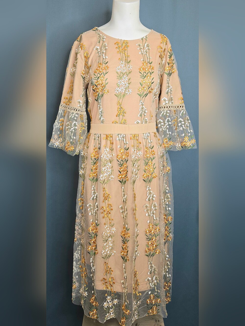 Polagram Wildflower Embroidered Tulle Bell Sleeve Cottagecore Dress L NWOT